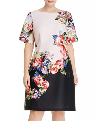 Adrianna Papell Boat Neck Short Sleeve Bodycon Zipper Back Floral Print Jersey Dress