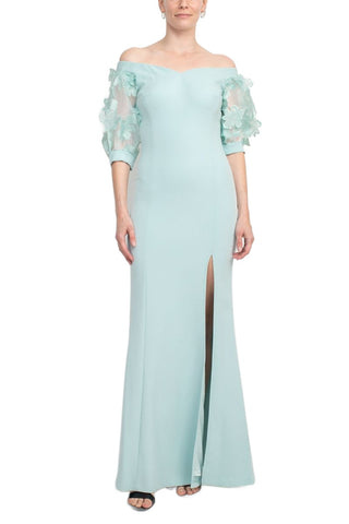 Alberto Makali V-Neck Short Embellished Lace Sleeve Zipper Back Mermaid Slit Side Scuba Dress - Sky Blue - Front