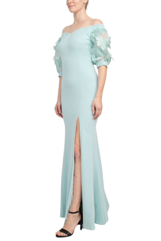 Alberto Makali V-Neck Short Embellished Lace Sleeve Zipper Back Mermaid Slit Side Scuba Dress - Sky Blue - Side