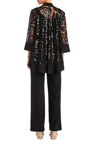 R&M Richards Scoop Neckline Top Sequin Jacket Straight Hemline Pant Suit Set Dress with Detachable Necklace - BLACK - Back