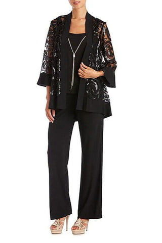 R&M Richards Scoop Neckline Top Sequin Jacket Straight Hemline Pant Suit Set Dress with Detachable Necklace - BLACK - Front