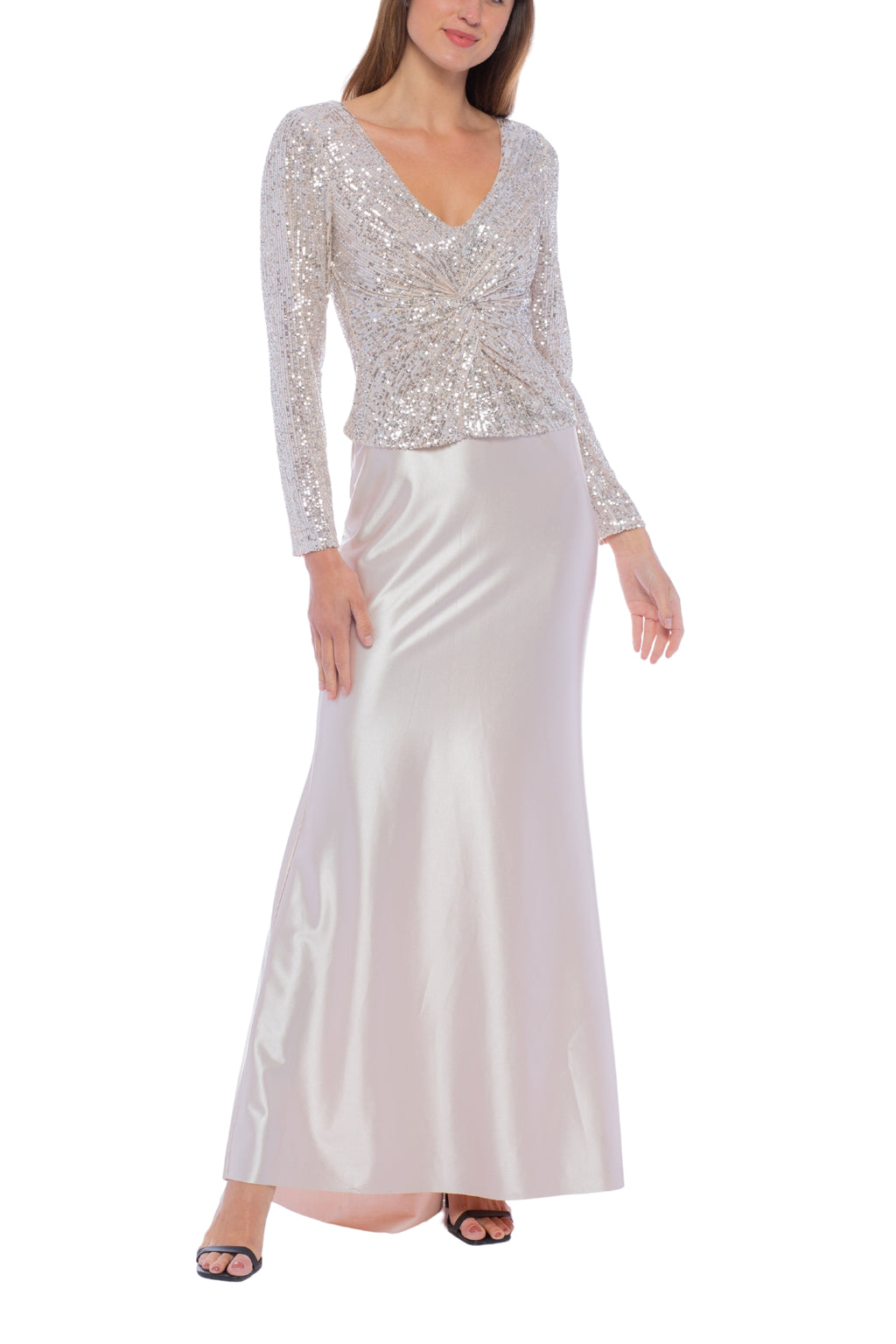 Sequined A-Line V-neck Satin Gown with Pleated Skirt Dusty Blue main image 1