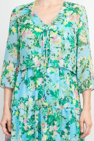Maison Tara Scoop Neck Back Zipper Sleeveless Floral Midi Dress with Matching Chiffon Jacket