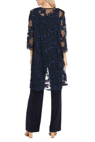 R&M Richards Round Neckline Sleeveless Top Floral Embroidered Three-Quarter Sleeves Jacket Relaxed Formal Pants Suit Dress (Plus Size) - NAVY - Back