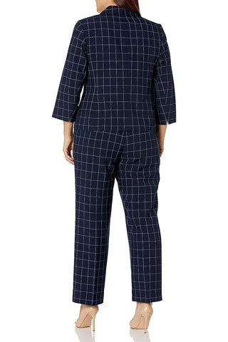 Le Suit Notched Collar One Button Closure Shoulder Pads Zip Pockets with Mid Rise Zipper with Hook and Bar Closure - NAVY WHITE - Back