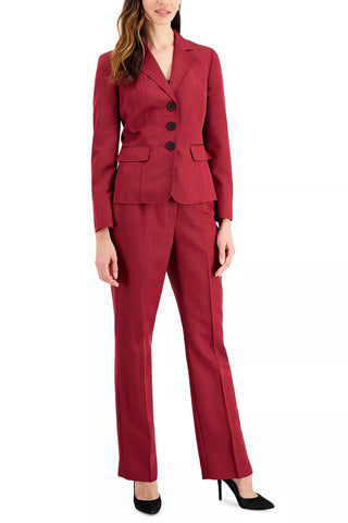 Le Suit Notched Collar 3 Button Closure Long Sleeve Jacket with Mid Waist Zipper Hook & Eye Closure Pant Two Piece Set - RED BLACK - Front