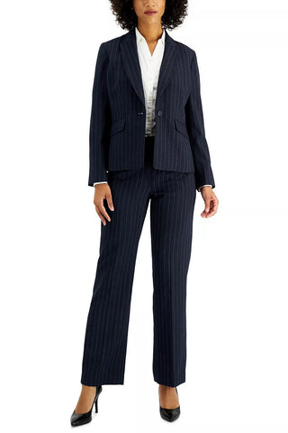 Le Suit Notched Collar One Button Closure Long Sleeve Shoulder Padding Crepe Jacket with Mid Waist Zipper Hook & Bar Closure Pant Two Piece Set - NAVY STEEL BLUE - Front View
