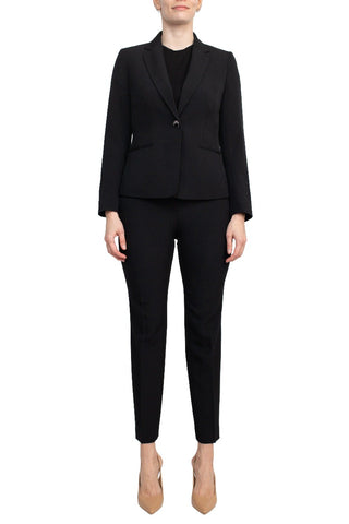 Le Suit Notched Collar 1 Button Jacket with Button Hook Zipper Closure Pants (Two Pant Suit) - BLACK - FRONT