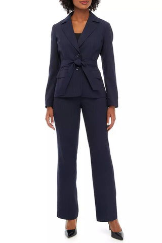 Le Suit Women's Tonal Stripe Belted Jacket and Side Zip Pants Set Navy Crepe Suit_Front View