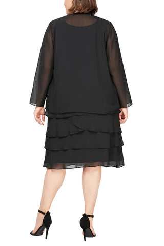 SL Fashions Chiffon Jacket with Beaded Detail Scoop Neckline Tiered Skirt Set Dress (Plus Size) - BLACK - Back