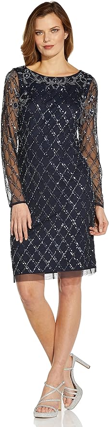 Adrianna Papell Scoop Neck Illusion Long Sleeve Sequined Beaded Zipper Back Shift Mesh Dress | Available at Curated Brands in Los Angeles Adrianna Papell Scoop Neck Illusion Long Sleeve Sequined Beaded Zipper Back Shift Mesh Dress | Available at Curated Brands in Los Angeles