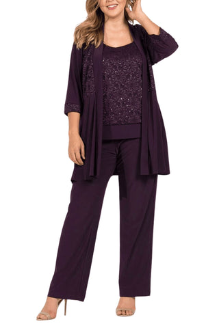 R&M Richards Sleeveless Laced Scoop Neckline Blouse Top Pleated Sequin Open Jacket Straight Leg Relaxed Trouser Pants Suit Dress (Plus Size) - PLUM -front