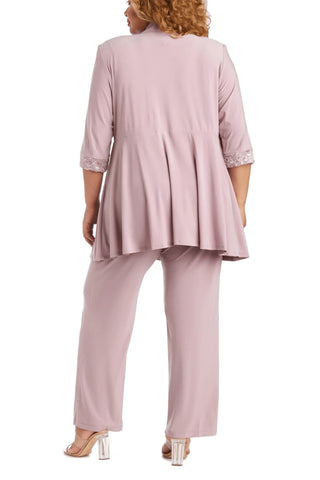 R&M Richards Sleeveless Laced Scoop Neckline Blouse Top Pleated Sequin Open Jacket Straight Leg Relaxed Trouser Pants Suit Dress - MAUVE - Back