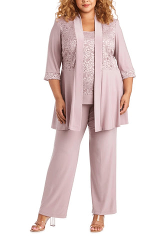 R&M Richards Sleeveless Laced Scoop Neckline Blouse Top Pleated Sequin Open Jacket Straight Leg Relaxed Trouser Pants Suit Dress - MAUVE - Front
