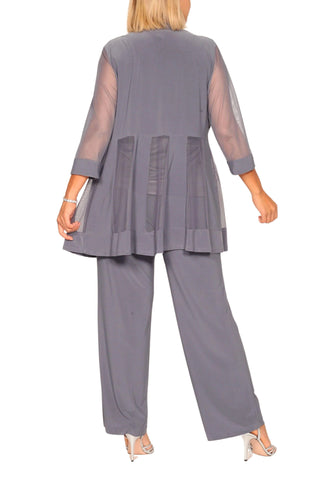 R&M Richards Three Piece Pants Suit Round Neck Sleeveless Top with Soft-Cut Draped Lapel Mesh Jacket Formal Dress (Plus Size) - CHARCOAL -Back