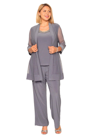 R&M Richards Three Piece Pants Suit Round Neck Sleeveless Top with Soft-Cut Draped Lapel Mesh Jacket Formal Dress - CHARCOAL - Front