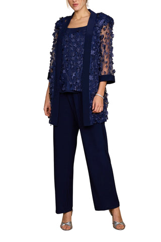 R&M Richards Scoop Neckline Sleeveless Top Floral Applique Jacke Tailored Pants Suit Set Dress (Plus Size) - NAVY -Front