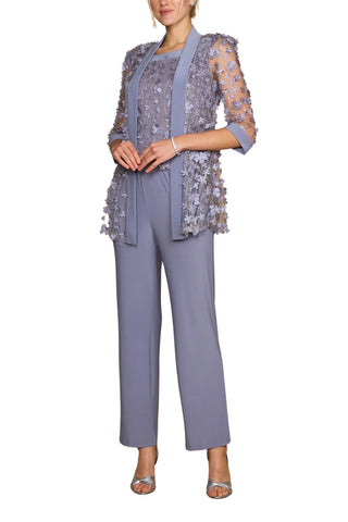 R&M Richards Scoop Neckline Sleeveless Top Floral Applique Jacke Tailored Pants Suit Set Dress (Plus Size) - SILVER - Front