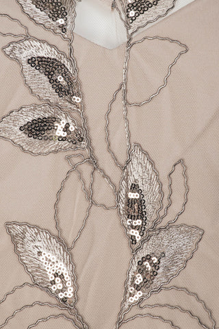 Adrianna Papell V-Neck Short Sleeve Embroidered & Embellished Sequin Tie Waist Zipper Back Long Mesh Dress