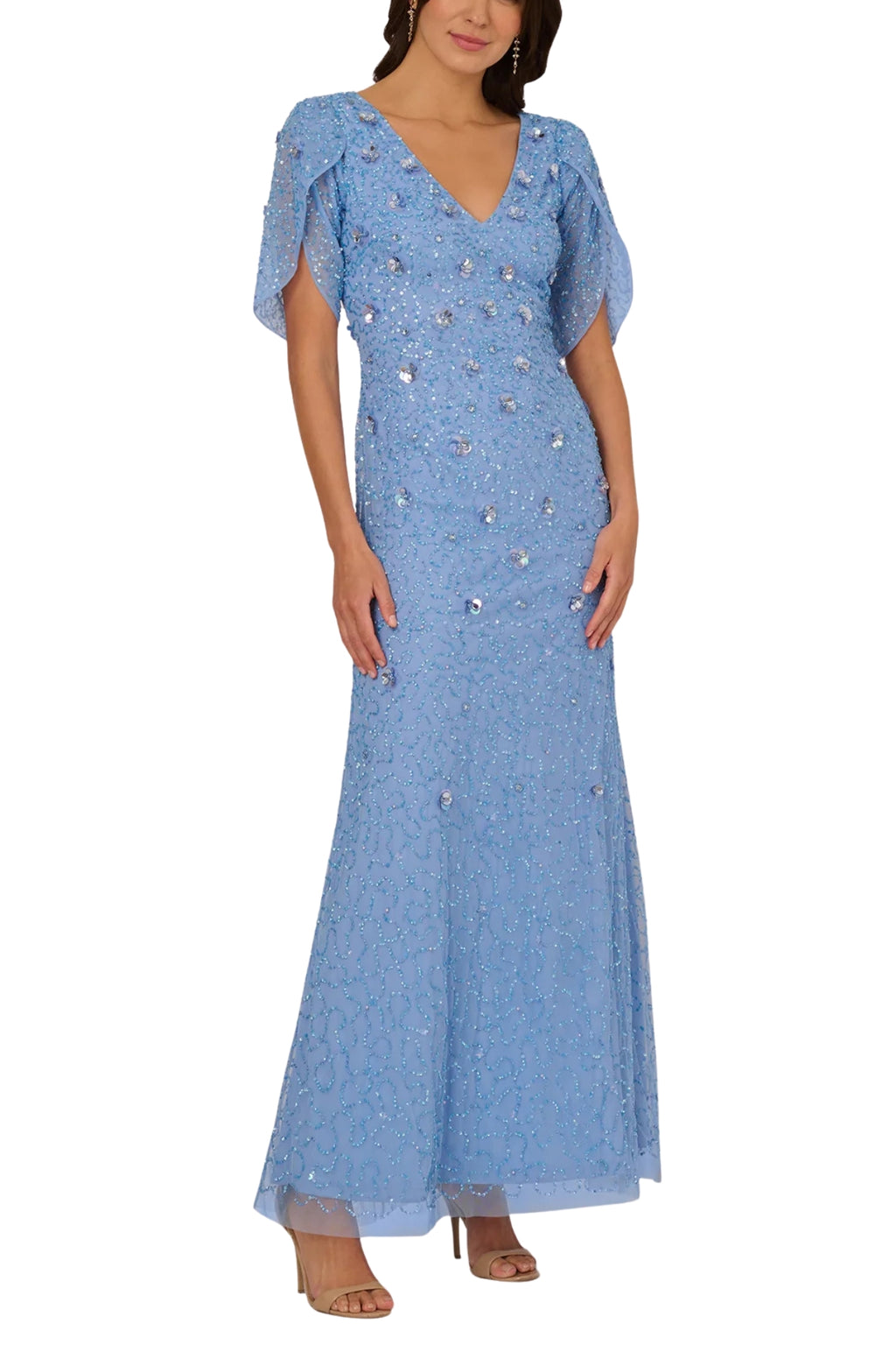 Adrianna Papell Bluebell Beaded V-Neckline Tulip Sleeves Maxi Mermaid –  Curated Brands