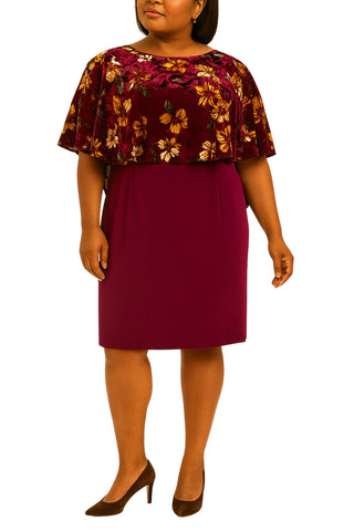 Glamour Nights Floral Velvet Boat Neckline Capelet Overlay with Sheath Knee-Length Skirt Dress (Plus Size)