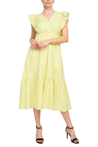 Nanette Lepore Stripe Cotton Ruffle Maxi Dress - Citron White - Front