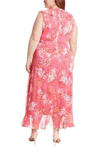 London Times Trimmed Surplice V-Neckline Side-Tie Sash Hemline Ruffle Wrap Maxi Silhouette Dress (Plus Size) - PINK MULTI - Back