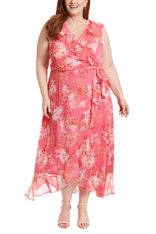 London Times Trimmed Surplice V-Neckline Side-Tie Sash Hemline Ruffle Wrap Maxi Silhouette Dress (Plus Size) - PINK MULTI - Front
