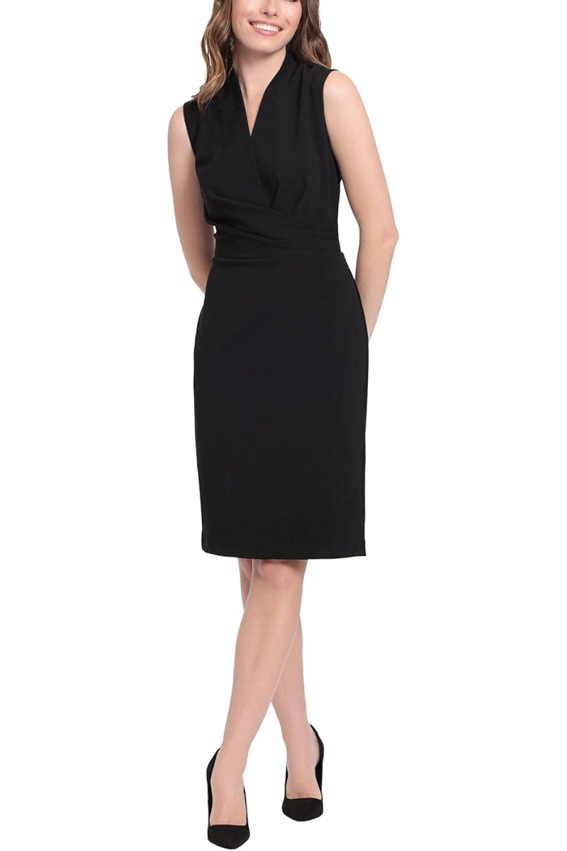 London Times Women's Short Sleeve Gathered Neck Tie Sheath Mini Dress