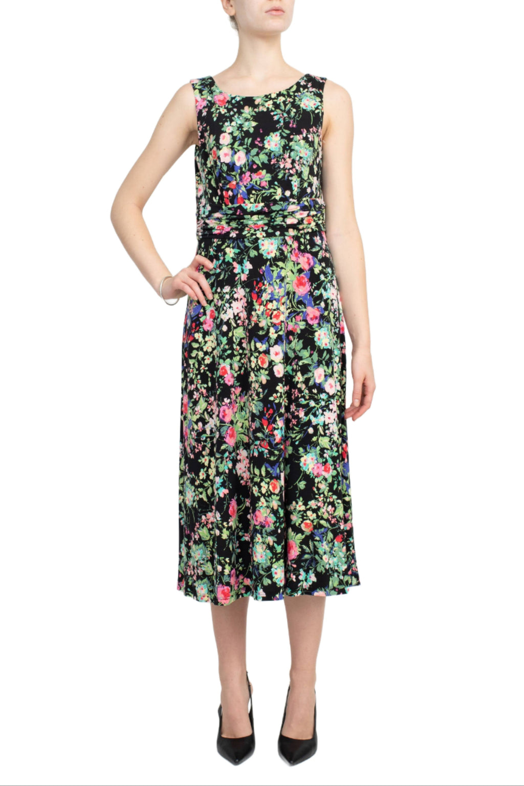 Casual Sleeveless Dress with Bow and Floating Print