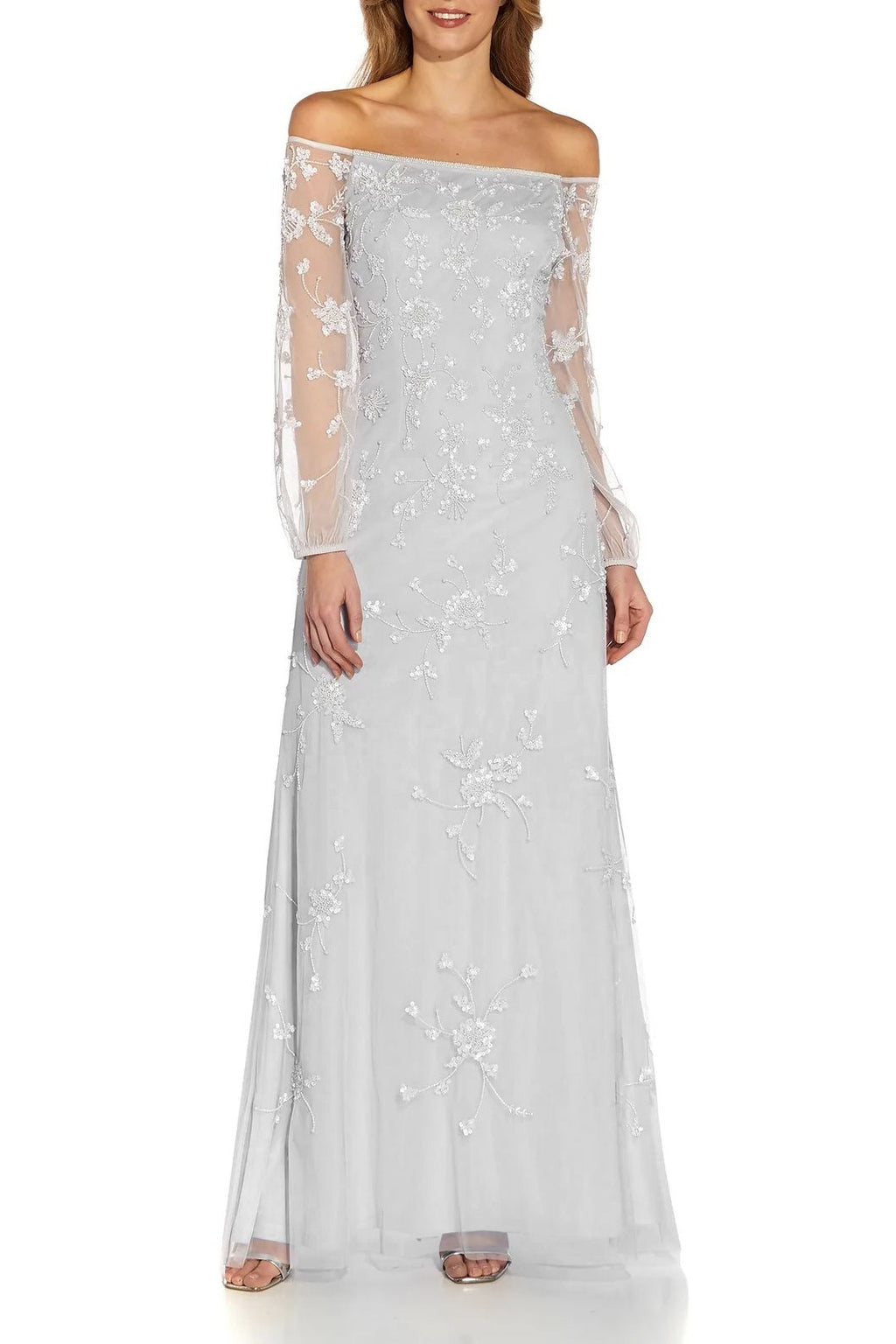 Adrianna Papell Womens Beaded Off The Shoulder Mesh Cocktail Dress White Size 4 main image 0
