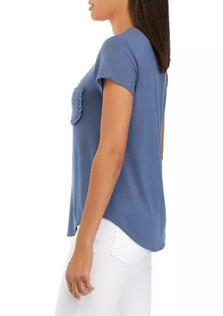 Cupio crew neck cap sleeve chest pocket stretch crepe top_CHINA BLUE_side