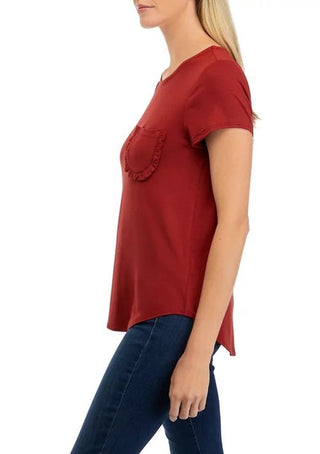 Cupio crew neck cap sleeve chest pocket stretch crepe top_RUSSET BROWN_side