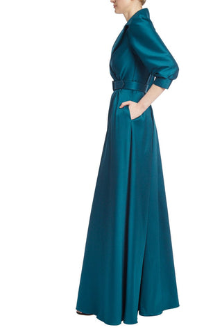 Badgley Mischka Collared 3/4 Sleeve Pleated Belted A-Line Zipper Closure Stretch Mikado Gown_TEAL_side