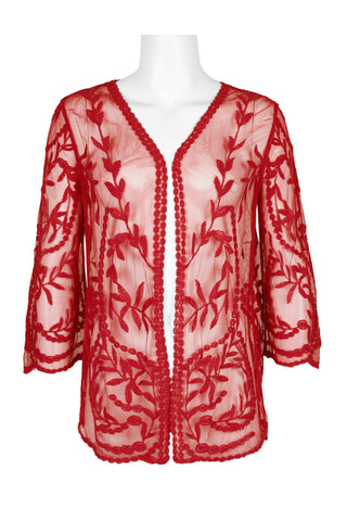 Nine Leonard V-Neck Open Front 3/4 Sleeve Floral Embroidered Mesh Cardigan - Red - Front 
