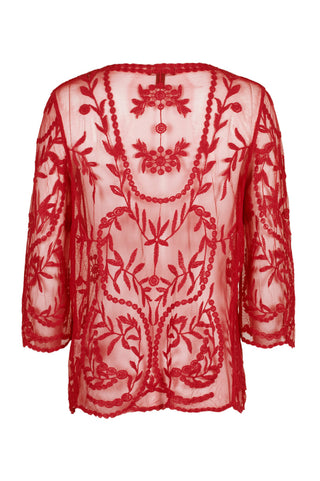 Nine Leonard V-Neck Open Front 3/4 Sleeve Floral Embroidered Mesh Cardigan - Red - Back
