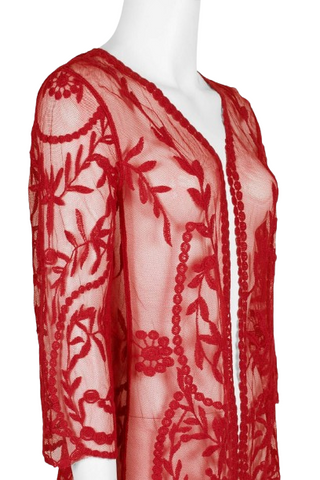 Nine Leonard V-Neck Open Front 3/4 Sleeve Floral Embroidered Mesh Cardigan - Red - Side