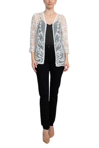 Nine Leonard V-Neck Open Front 3/4 Sleeve Floral Embroidered Mesh Cardigan - White - Front full view