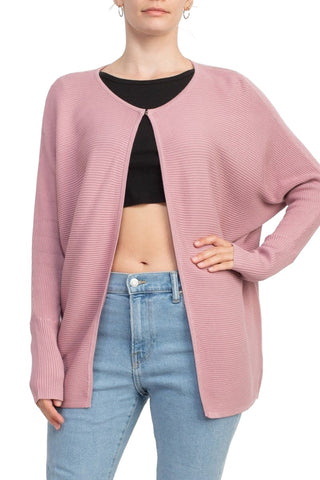 Lissy Crew Neck Open Front Long Sleeve Knit Cardigan_DARK PINK_Front View