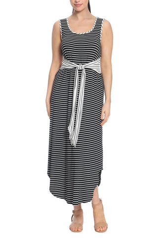London Times Scoop Nek Sleeveless Tie Waist Stripe Print Rayon Maxi Jersey Dress - Black - Front