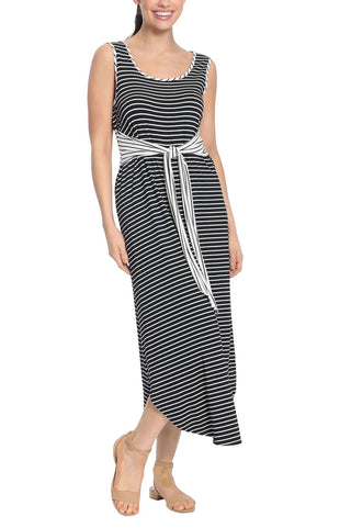 London Times Scoop Nek Sleeveless Tie Waist Stripe Print Rayon Maxi Jersey Dress - Black - Front full view