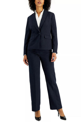 Le Suit Notched Collar One Button Closure Long Sleeve Shoulder Padding Crepe Jacket with Mid Waist Zipper Hook & Bar Closure Pant Two Piece Set - NAVY STEEL BLUE - Front