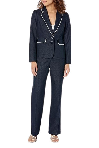 Le Suit Petite Birdseye Jacquard Two Button Piped Jacket and Pant Set Black Vanilla Ice_Front View