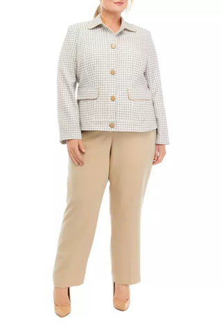 Le Suit Plus Size Plaid Five Button Jacket and Slim Pant Set_KHAKI MULTI_front