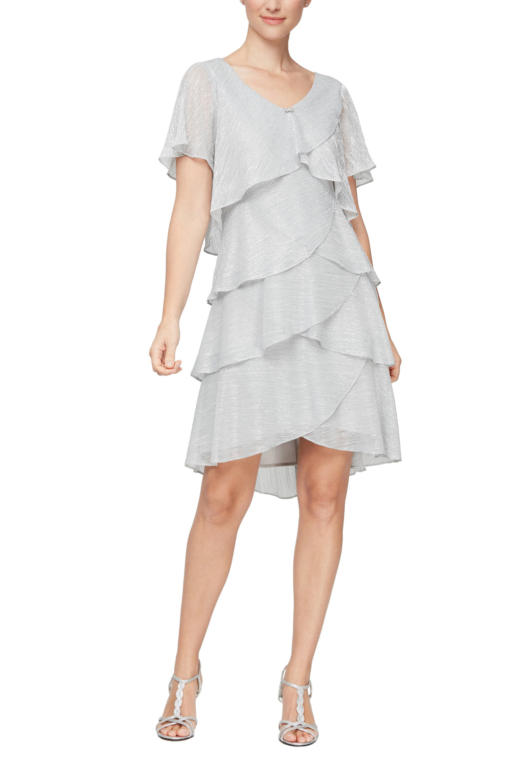 SL Fashions Shimmer Tiered Ruffle V-Neck Shift Dress