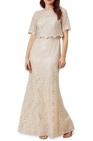 Adrianna Papell Lace Boat Neck A-line Short Sleeve Sequin Gown ( Petite) - Biscotti