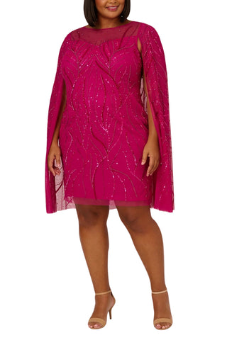 Adrianna Papell Sequin Cape With Illusion Neckline Shift Dress - Hot Orchid - Front