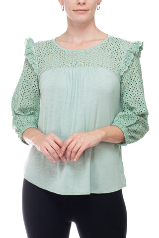 Cupio Round Neck Eyelet ¾ Sleeve Ruffled Shoulders Curved Hem Stretch Crepe Top - Frosty Green - Front