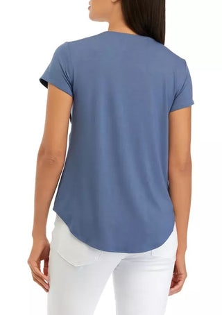 Cupio crew neck cap sleeve chest pocket stretch crepe top_CHINA BLUE_back