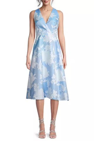 Aidan Mattox Sleeveless Floral Bodice Jaquard Dress in Cool Cloud_Front View